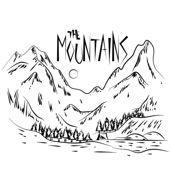 Grafische Illustration einer Ruhestätte in den Bergen in einem Zelt mit Text. Berglandschaft mit Wald und Zelt am See. Illustration für T-Shirts, Schützengräben oder Cover. — Stockvektor