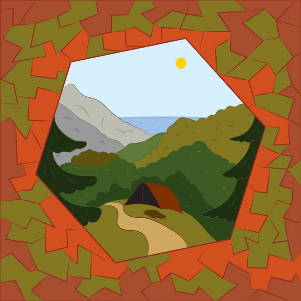 Tenda sullo sfondo di una foresta e montagne con sfondo grafico — Vettoriale Stock