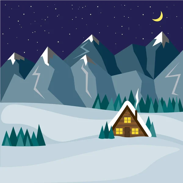 Mysigt hus på natten mot bakgrund av vintersnöiga berg. Illustration i platt stil. — Stock vektor
