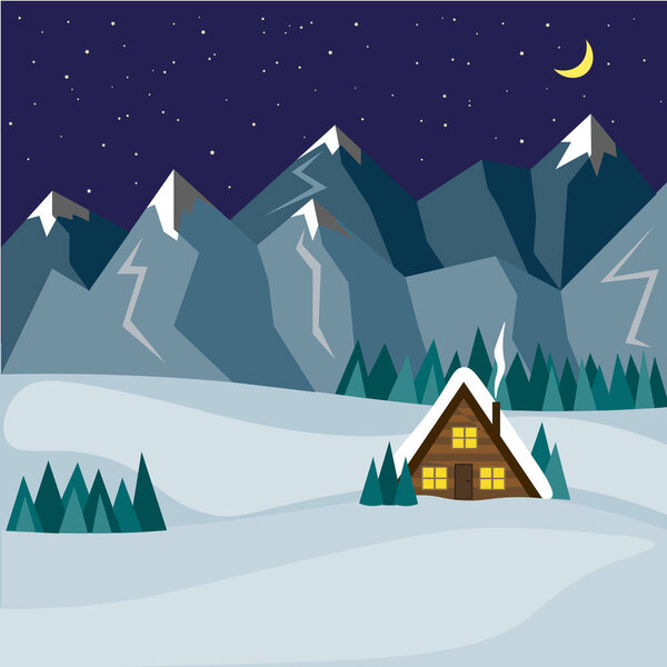 Cozy house at night against the backdrop of winter snowy mountains. Illustration in flat style.