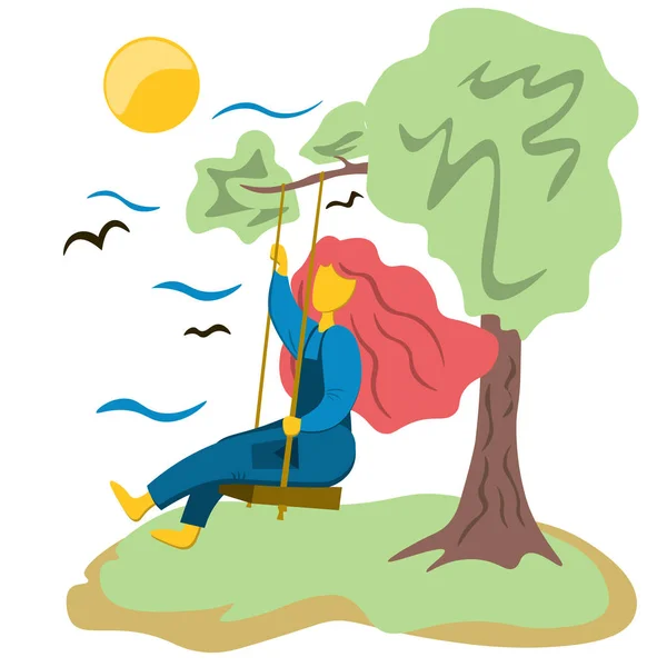Chica balanceándose en un columpio junto al árbol. Ilustración en estilo plano . — Archivo Imágenes Vectoriales