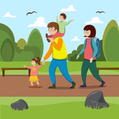 Çocuklu mutlu bir aile yazın parkta yürür. Çizim düz biçimli.