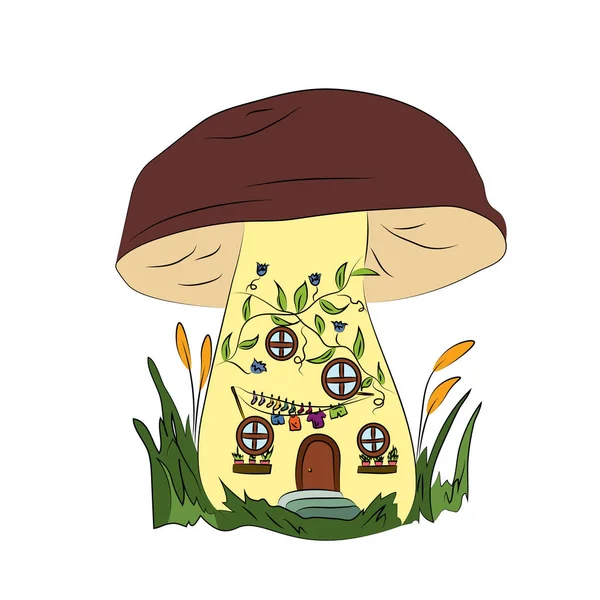 En stor svamp är ett mysigt litet hus. Ljus färg illustration. — Stock vektor