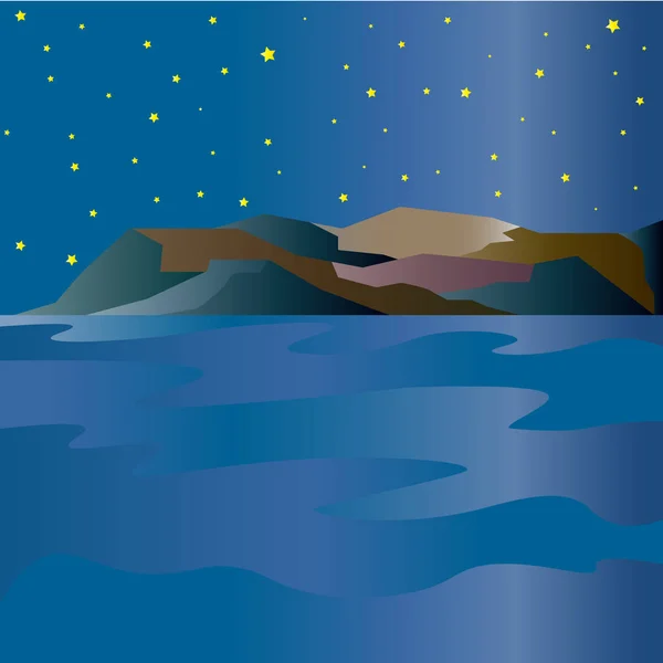 Paisaje de montaña con un lago al amanecer — Vector de stock