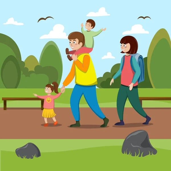 Una familia joven y feliz con niños camina en el verano en el parque. Ilustración en estilo plano . — Vector de stock