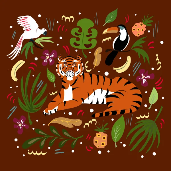 Grafikus illusztráció díszítéssel és szimbólummal. Nagy és gyönyörű tigris hazugságok, paradicsommadarak és dzsungel. Illusztráció kártyákhoz, pólókhoz, notebook borítókhoz — Stock Vector