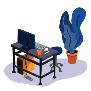 Working computer area in the room. Desk and whiteboard for notes. Illustration in flat style.