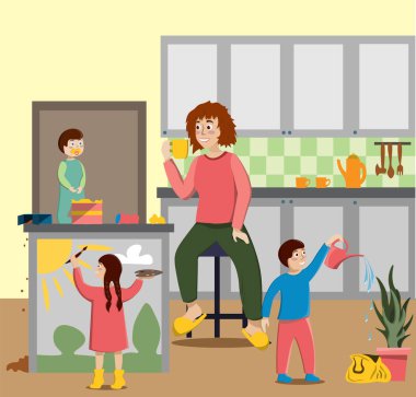 Tired mother housewife drink tea while the children have fun in the kitchen. Illustration in flat style.