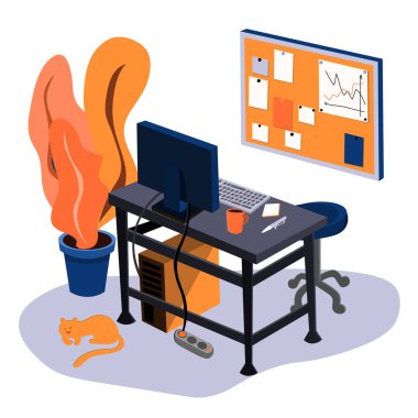 Working computer area in the room. Desk and whiteboard for notes. Illustration in flat style.