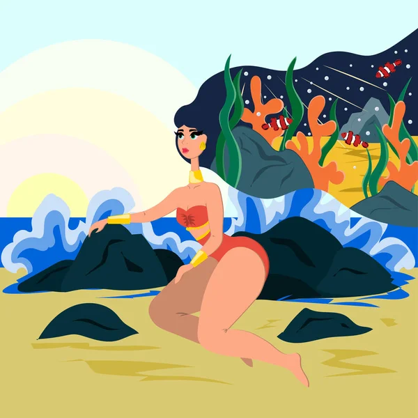 The girl is sitting on the beach with her hair loose. Underwater world in the hair. Illustration in flat style. — Stock Vector