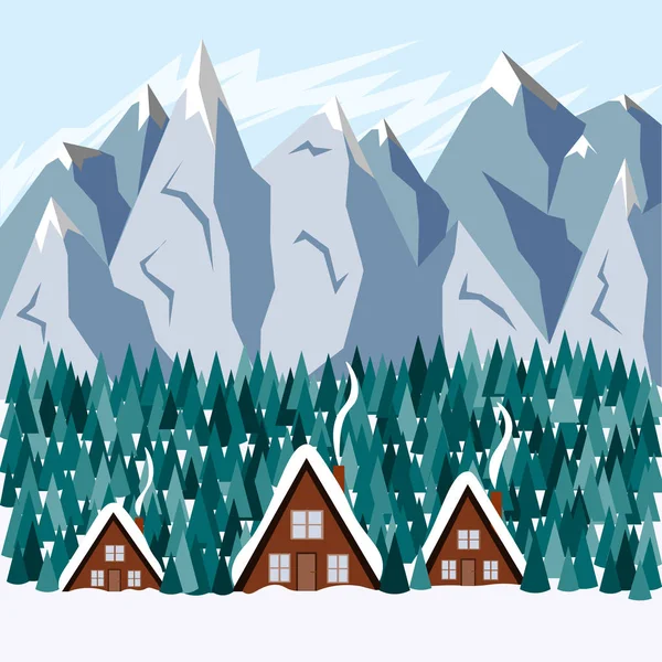 Accogliente casetta durante il giorno sullo sfondo delle montagne innevate invernali. Illustrazione in stile piatto . — Vettoriale Stock