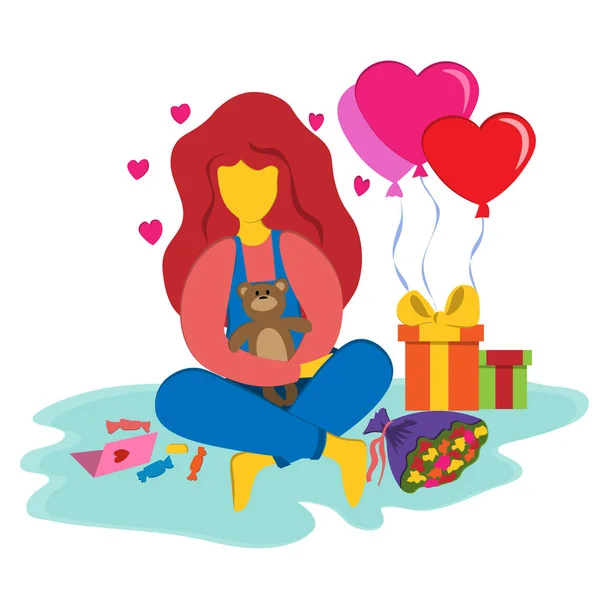 Dziewczyna z misiaczkiem w rękach i prezentami na Walentynki. Prezenty, kulki i kartka miłosna. Ilustracja w płaskim stylu. — Wektor stockowy