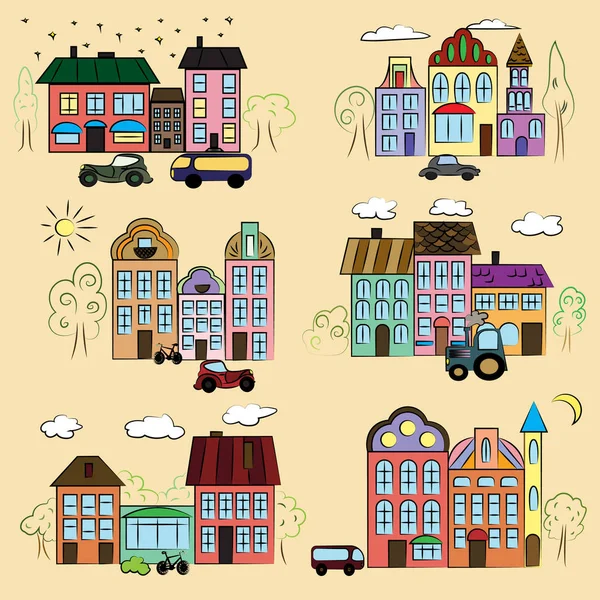 Miasto z różnymi domami zarysować kolorowe drzewa i samochody — Wektor stockowy