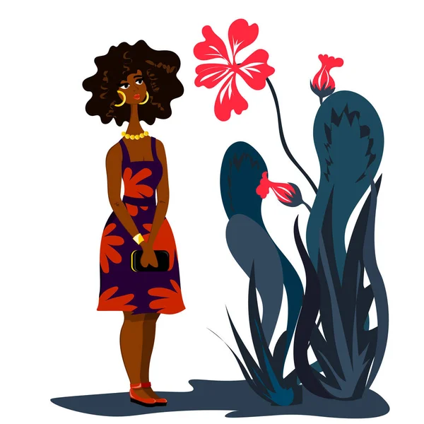 Afro-Amerikaans meisje in zomerjurk kijkt naar een mooie bloem. Illustratie in platte stijl. — Stockvector