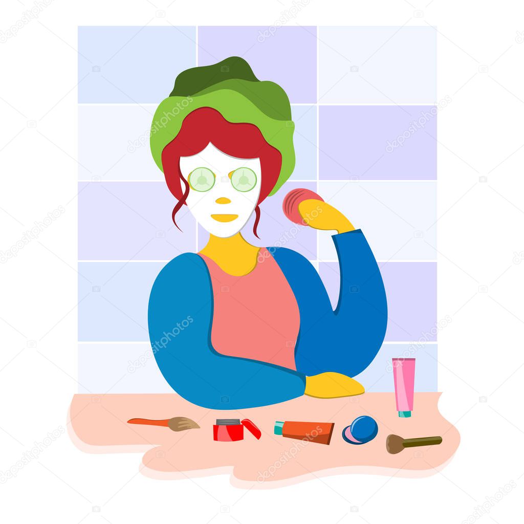 The girl cares for the face, makes a mask, cleans the skin of the face and applies the cream. Illustration in flat style.