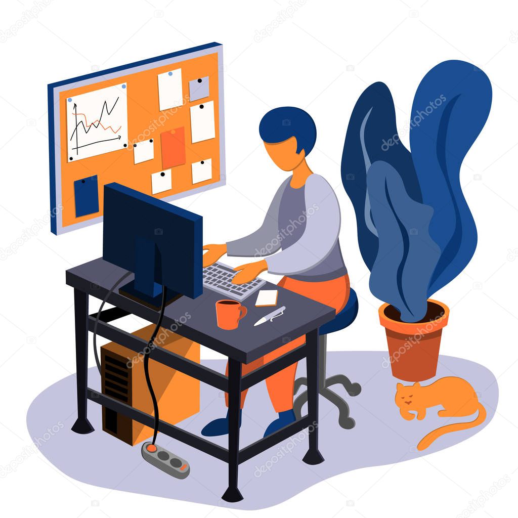 A young man works at a computer in his home office. Desk and whiteboard for notes. Illustration in flat style
