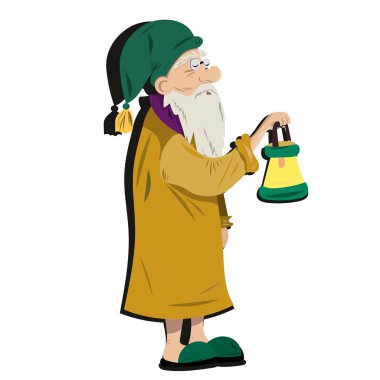 Old grandfather comes with a lantern in his hands