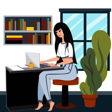 The girl sits at the table and works on a laptop. The interior of the room. Illustration in flat style.