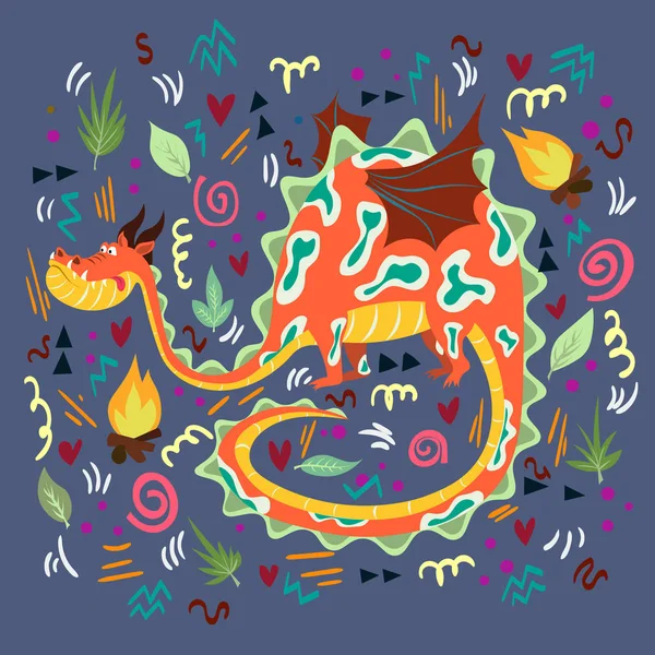 Illustration graphique avec ornement et symbole. Grand dragon coloré avec des ailes sur le fond d'ornements. Illustration pour cartes postales, t-shirts, couvertures pour carnets — Image vectorielle