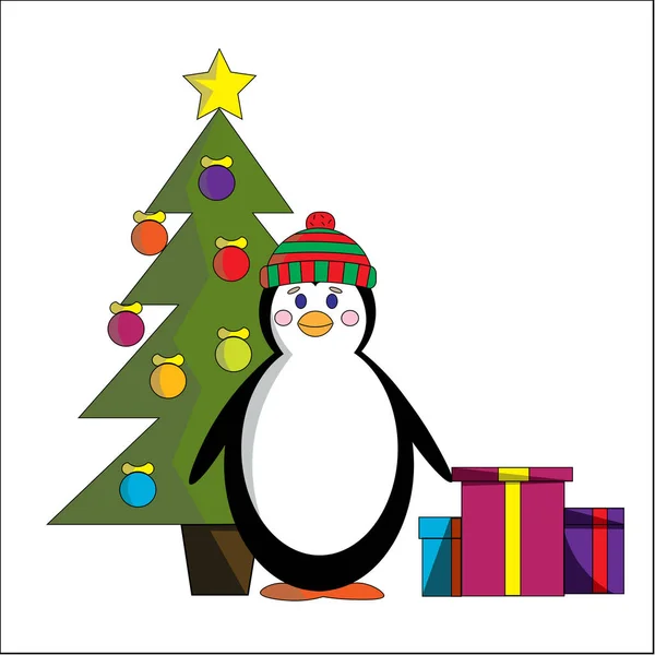 Pingüino con regalos y un árbol de Navidad — Vector de stock