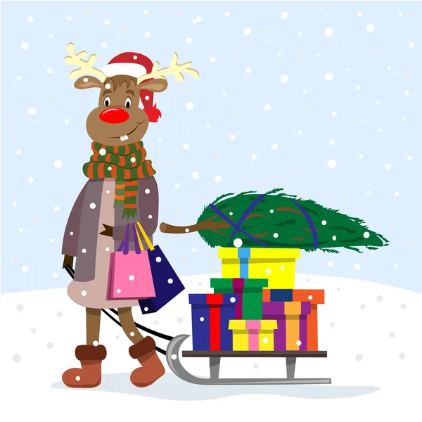 Un alce divertido y lindo viene con compras y regalos para Navidad. Árbol de Navidad y regalos en un trineo . — Vector de stock