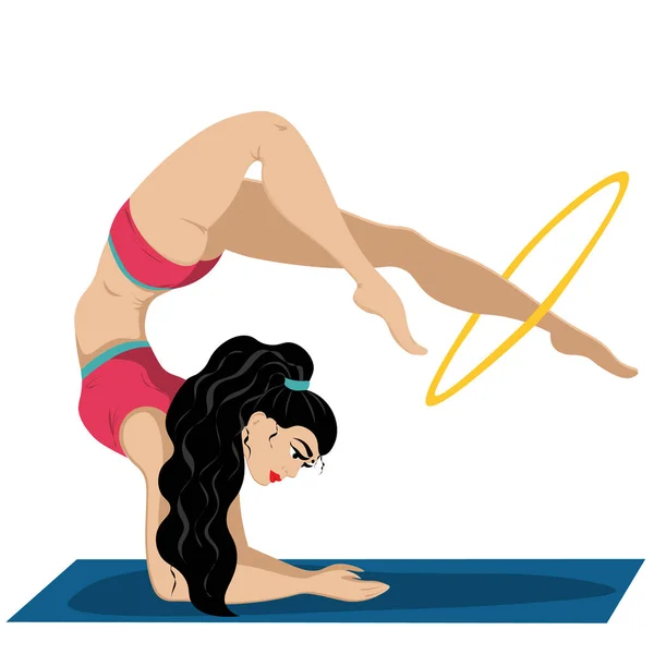 A young female gymnast in a sports swimsuit is standing on her elbows and kicking the holochup. — Stock Vector