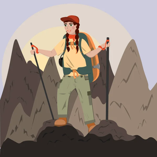 Una chica con una mochila sube a la cima de las montañas, senderismo en las montañas, trekking. Ilustración en estilo plano . — Archivo Imágenes Vectoriales