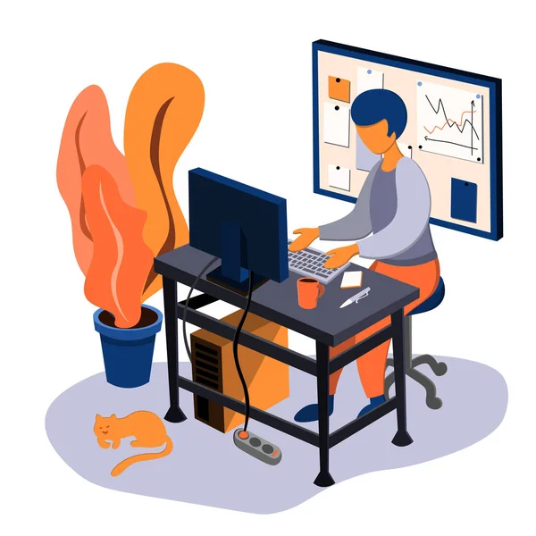 A young man works at a computer in his home office. Desk and whiteboard for notes. Illustration in flat style
