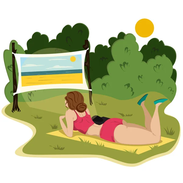 Νεαρή λεπτή γυναίκα είναι ξαπλωμένη σε ένα χαλί στον κήπο και βλέποντας μια ταινία μέσα από τον προβολέα. — Διανυσματικό Αρχείο