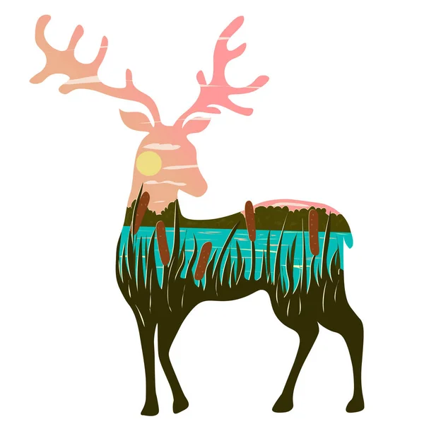 Illustrazione grafica sotto forma di silhouette di cervo e natura all'interno. Paesaggio mattutino dello stagno nelle canne sullo sfondo della foresta — Vettoriale Stock