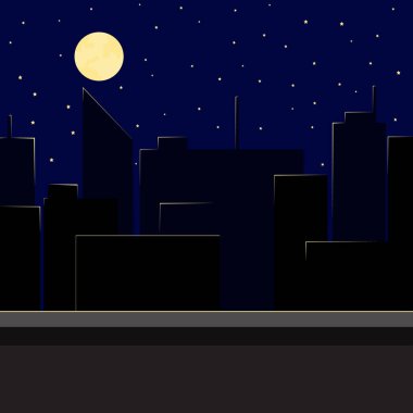Silhouette of the night city in the light of the moon view from the roof. Illustration in flat style.