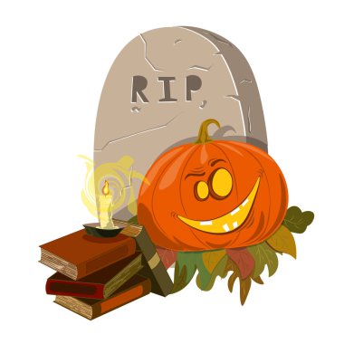 Gülümseyen balkabağı kafası bir mezar taşı ve bir mum yanında.