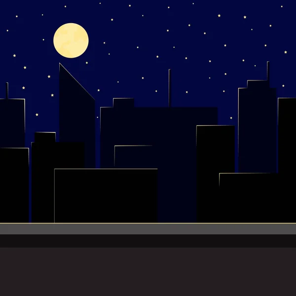 Silueta nočního města ve světle měsíčního výhledu ze střechy. Ilustrace v plochém stylu. — Stockový vektor