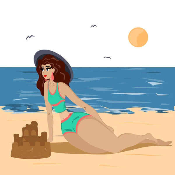 Une jeune femme mince se couche sur la plage et frappe au soleil . — Image vectorielle