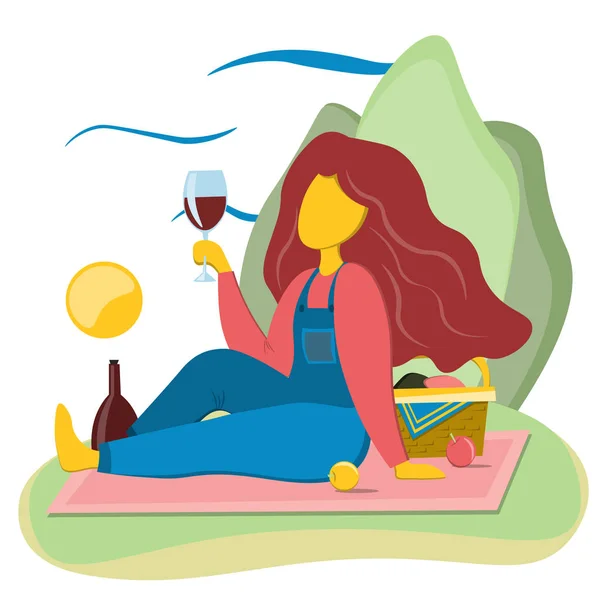 Giovane ragazza che riposa su un picnic con un bicchiere di vino rosso. Illustrazione in stile piatto . — Vettoriale Stock