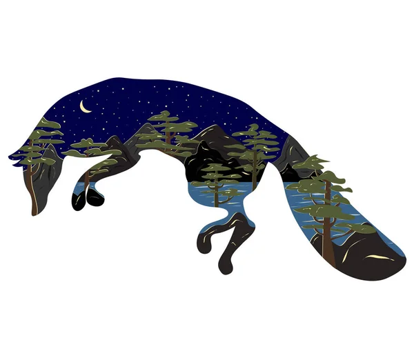 Ilustração gráfica na forma de uma silhueta de uma raposa e natureza dentro. Paisagem noturna da lua do lago, montanhas e pinheiros. Ilustração para camisetas, trincheiras ou coberturas . —  Vetores de Stock
