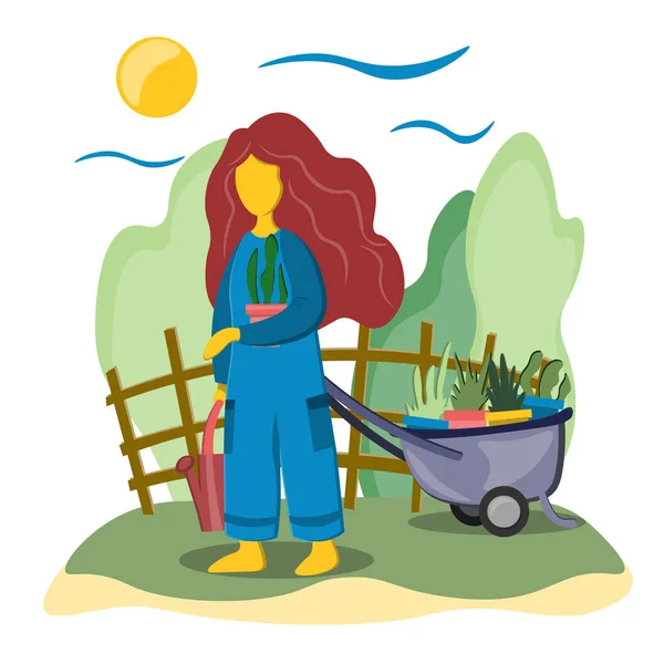 Een jong meisje in de tuin is bezig met het transplanteren van planten. Tuinkar en tuin. Illustratie in platte stijl. — Stockvector