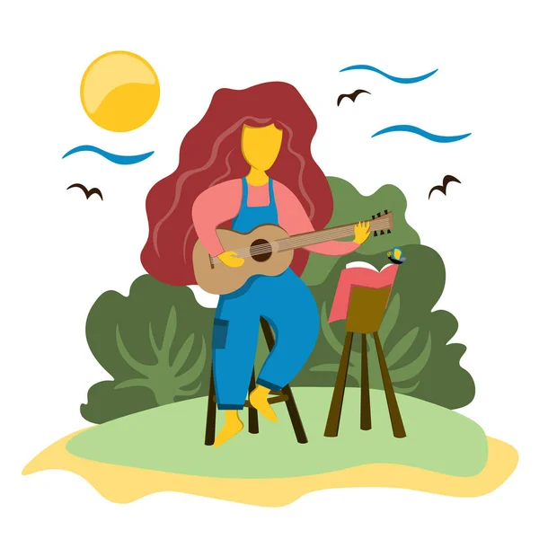 The girl plays the guitar sitting on a chair. Music in nature. Illustration in flat style. — Stock Vector