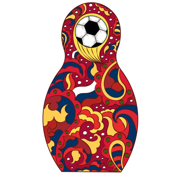 Fútbol en Rusia. Juguete nacional matryoshka y pelota de fútbol — Vector de stock