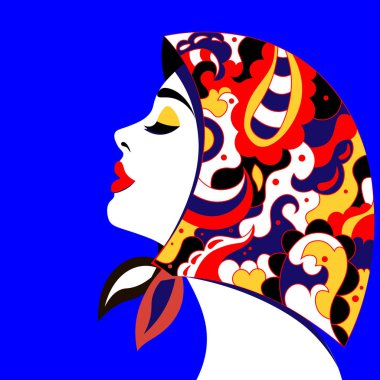 Popüler sanat tarzında genç bir kadın model. Üzerinde parmak izi olan parlak bir eşarpla reklam veren seksi bir kız.