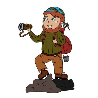 Sırt çantası ve dürbünü olan cesur bir gezgin. .