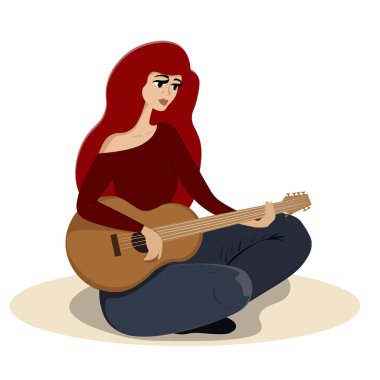 Genç ve güzel bir kadın yerde oturur ve gitar çalar..