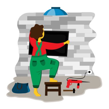 A male repairman hangs up a television using tools. Illustration in flat style. clipart