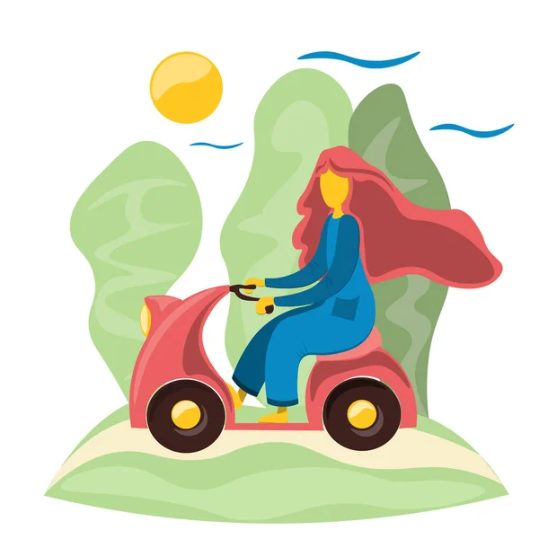 Fiatal lány lovagol egy moped a természetben. Illusztráció lapos stílusban. — Stock Vector