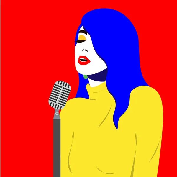 Chica con estilo de arte pop canta en estilo blues. Ilustración a color brillante de una niña — Vector de stock