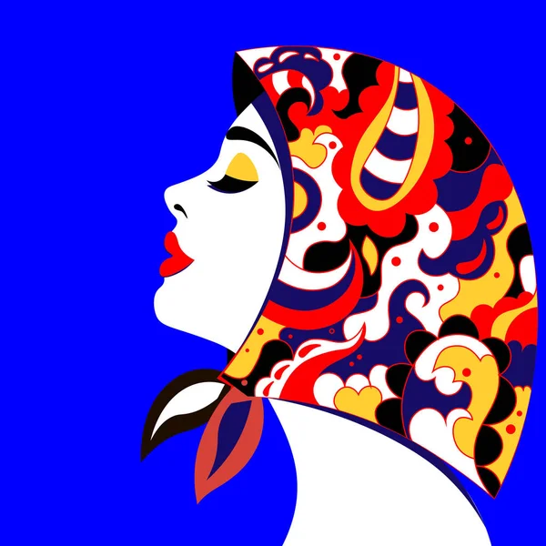 Modelo de mujer joven en perfil en estilo pop art. Chica sexy para la publicidad en una bufanda brillante con un estampado — Vector de stock