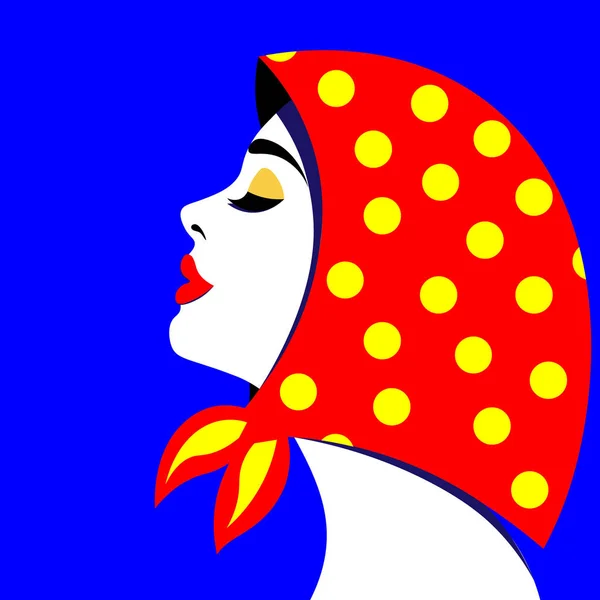 Young woman model in profile in pop art style. Sexy girl for advertising in a bright scarf with a print — Stock Vector