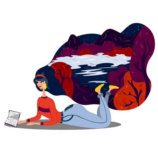 A girl reads a book and fantasizes. Nature in the hair. Illustration in flat style.