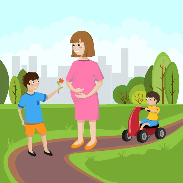 怀孕的妈妈带着小孩在夏天的公园里散步。扁平式说明. — 图库矢量图片
