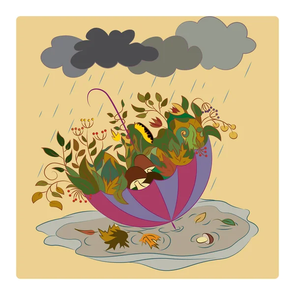 Осенние открытки с листьями и травой в зонтике — стоковый вектор